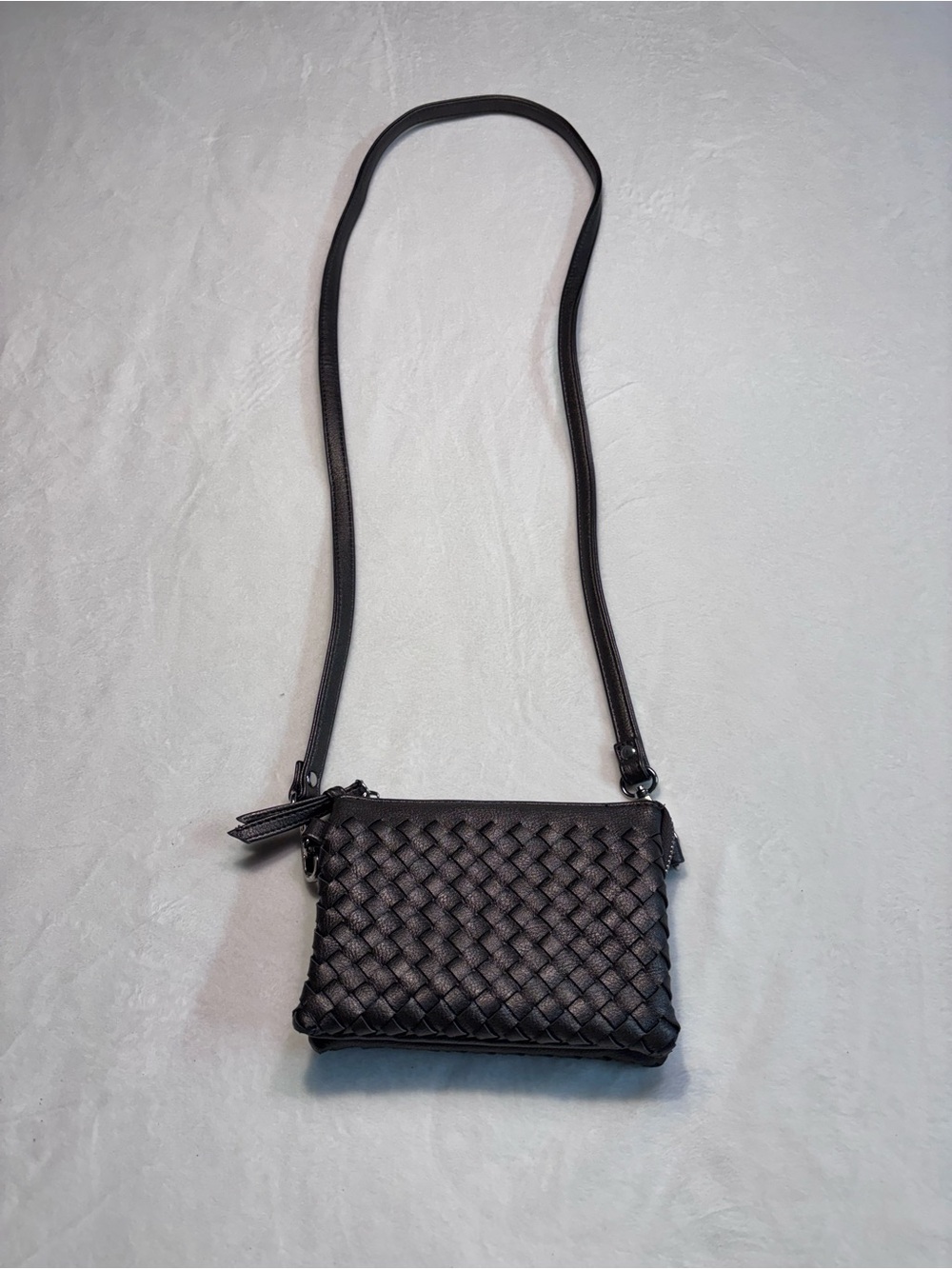 Charming Charlie Pewter Woven Crossbody Bag
